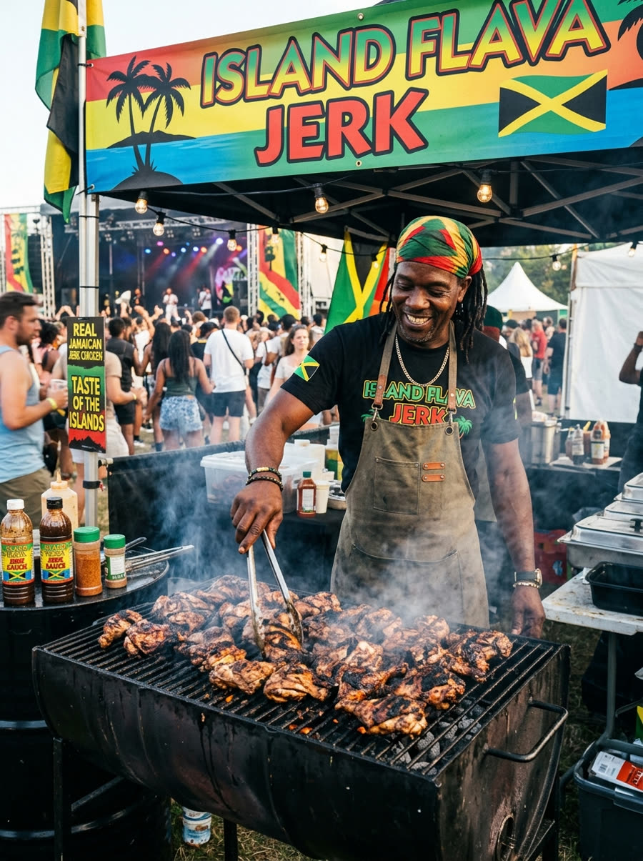 Island Flava jerk chicken food vendor