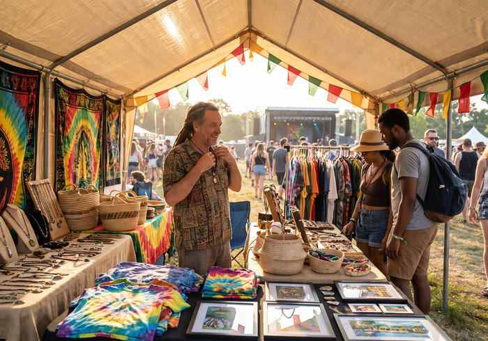 Handmade jewelry and craft vendor stall at Dee Ting