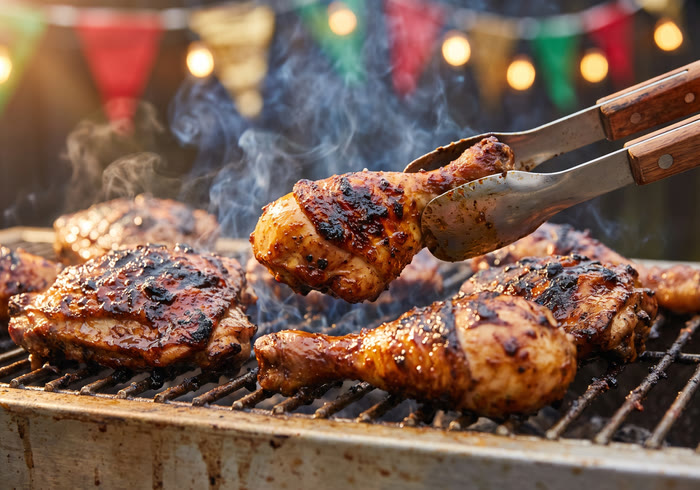 Close-up of authentic Jamaican jerk chicken grilling over an open flame at Dee Ting